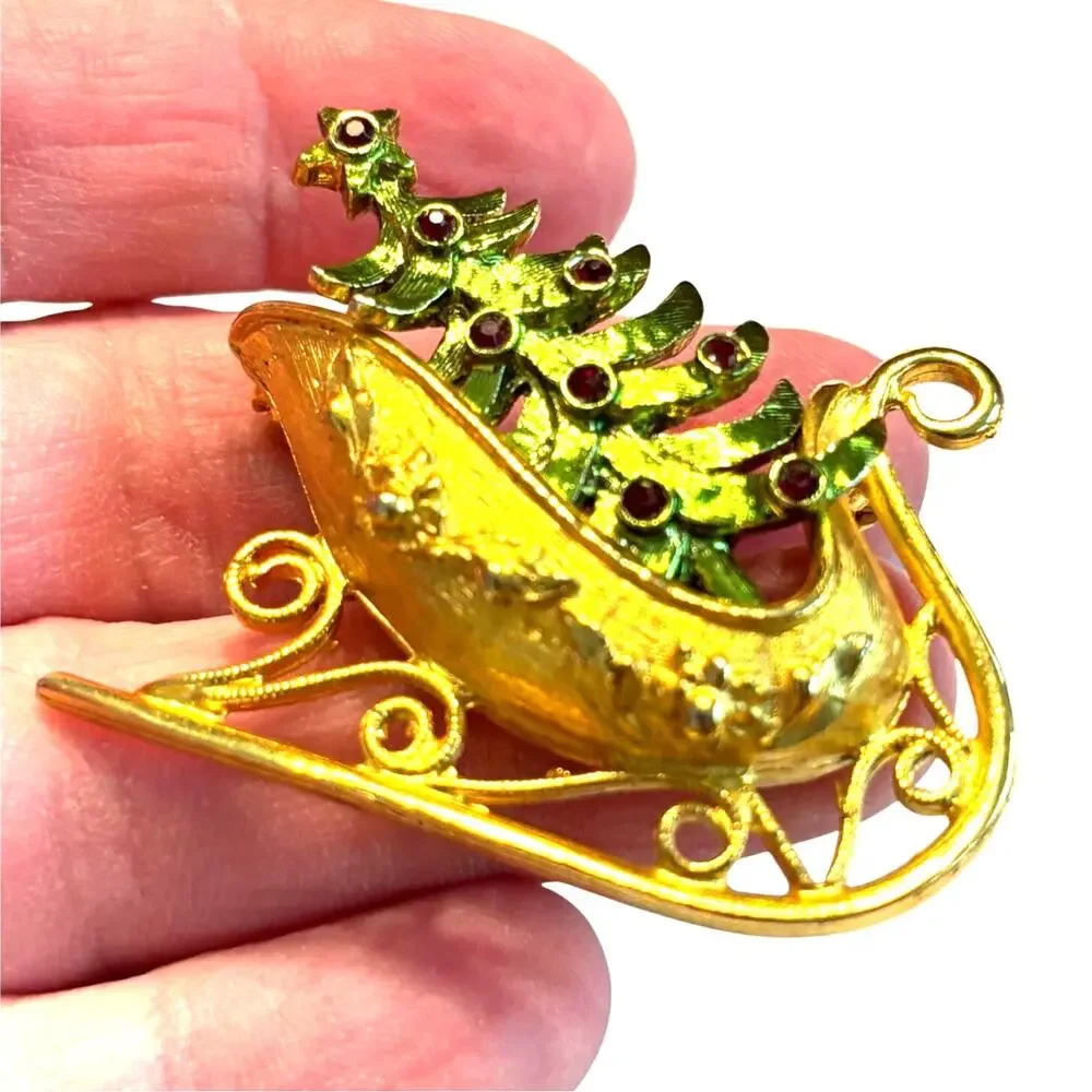 Vintage Christmas brooch sleigh gold with green tree & red ornaments signed MYLU